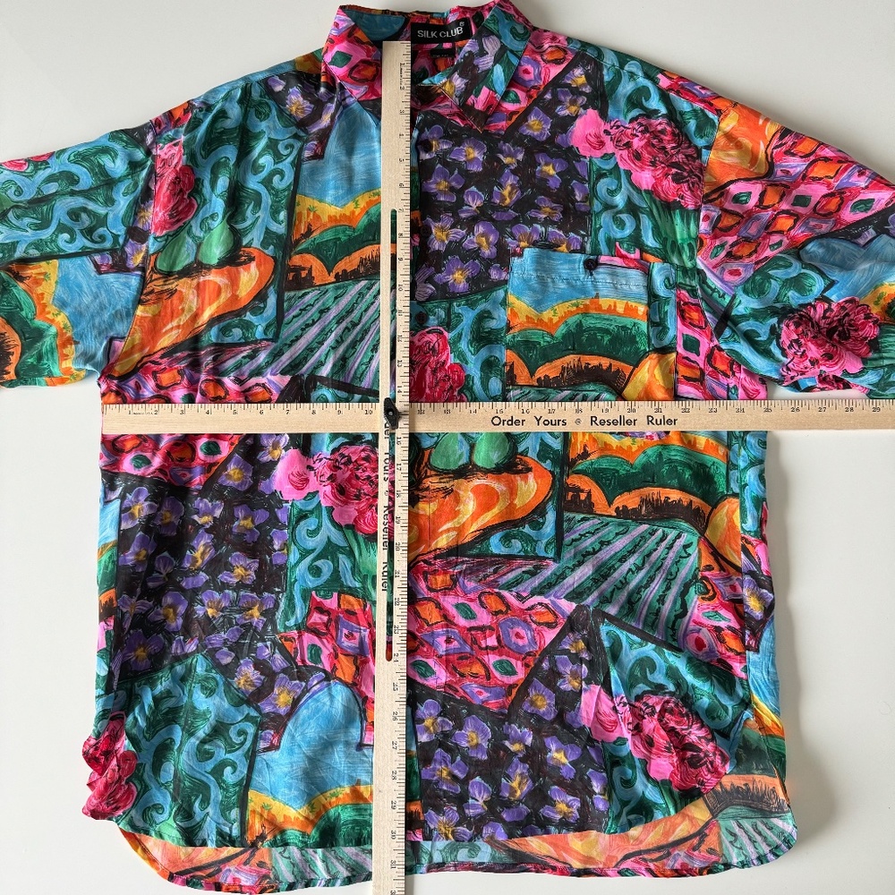 Vintage Silk Club Shirt Mens Large Colorful Floral Landscape Art AOP Button Up - Picture 9 of 11